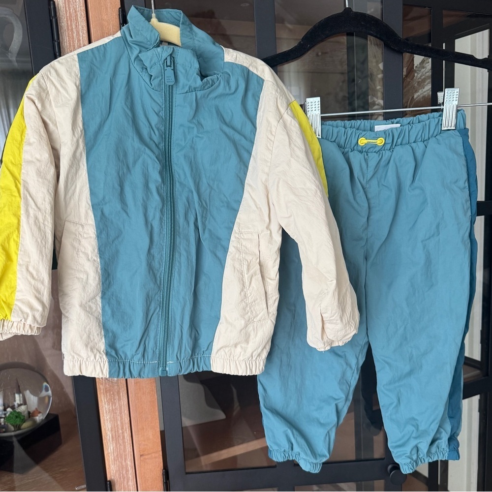 Zara Kids sweatsuit joggers track pants zip up jacket toddler boys teal beige